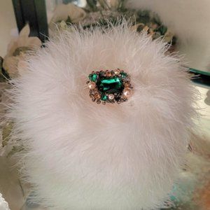 Ivory Faux Fur Powder Puff Trimmed in Down Feather ~ Pearl Emerald Rhinestone